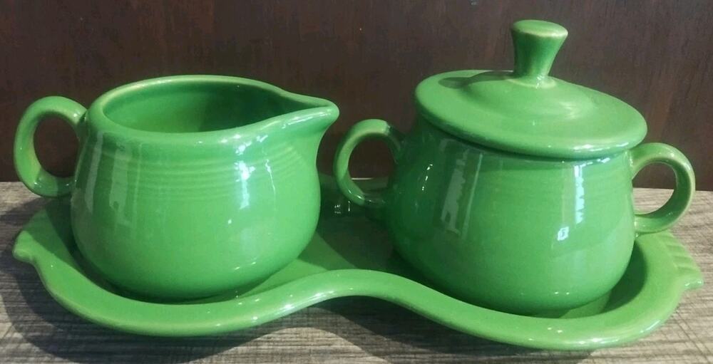Vintage Fiesta Medium Green Creamer & Sugar Bowl with Lid and tray Made In USA